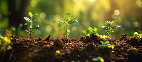 Poster - Planting trees with to grow in the soil on greenery background Network and connection concept. Creative Banner. Copyspace image