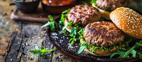 Poster - Raw beef patties sesame buns with other ingredients for hamburgers on dark slate plate. Creative Banner. Copyspace image