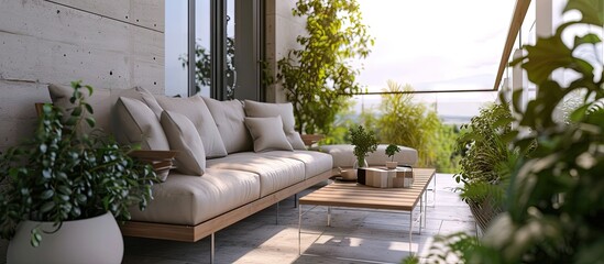 Aufkleber - New design home interior with balcony sofa and small table. Creative Banner. Copyspace image