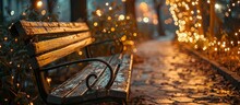 Retro Bench In A Park With Fairy Lights On The Trees Selective Focus In Zagreb Croatia. Creative Banner. Copyspace Image