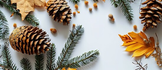 Aufkleber - Pine cone and green leaves on conifer leaves dry yellow needles isolated on white. Creative Banner. Copyspace image