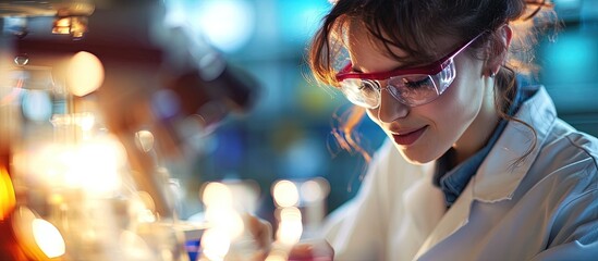 Wall Mural - positive delighted female scientist doing experiment. creative banner. copyspace image