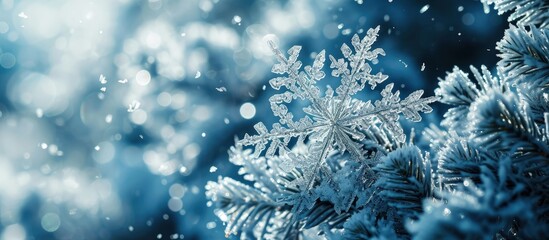 Poster - photo real snowflakes during a snowfall under natural conditions at low temperature. Creative Banner. Copyspace image