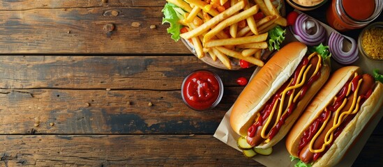 Wall Mural - Traditional hot dogs french fries drink and sauces Restaurant menu. Creative Banner. Copyspace image