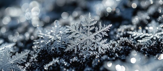 Fototapete - snow black background abstract texture snowflakes falling in the sky overlay. Creative Banner. Copyspace image