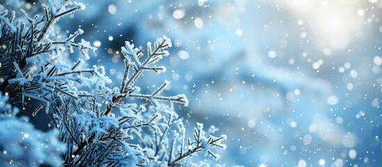 Poster - SNOW AND SNOW FLAKES BACKGROUND LIGHT BLUE CHRISTMAS LANDSCAPE COLD WINTRY BACKDROP FOR DISPLAY OR MONTAGE. Creative Banner. Copyspace image