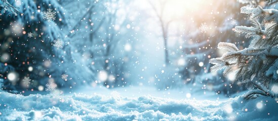 Poster - SNOW AND SNOW FLAKES BACKGROUND LIGHT BLUE CHRISTMAS LANDSCAPE COLD WINTRY BACKDROP FOR DISPLAY OR MONTAGE. Creative Banner. Copyspace image