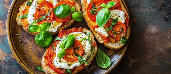 Poster - Open sandwiches with cream cheese baked sweet pepper and fresh basil on a brown plate Italian Cuisine Red pepper snacks Top view copy space. Creative Banner. Copyspace image