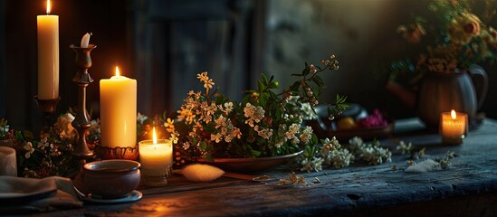 Aufkleber - Table setting set with candles and flowers. Creative Banner. Copyspace image