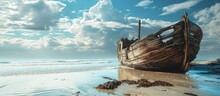 Relic Old Wooden Shipwreck Hull Uncovered On Beach. Creative Banner. Copyspace Image