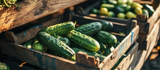 Sticker - Ripe juicy cucumbers in crates in greenhouse Harvest time. Creative Banner. Copyspace image