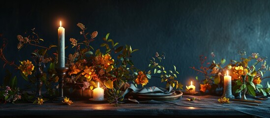 Aufkleber - Table setting set with candles and flowers. Creative Banner. Copyspace image