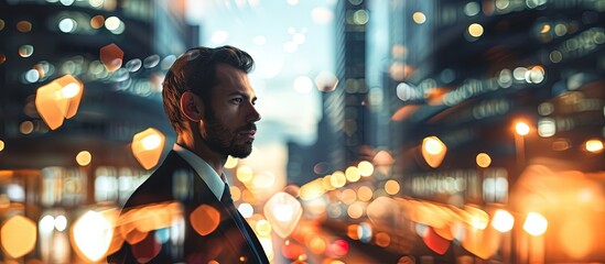 Aufkleber - Side view of confident young businessman with double exposure of abstract cityscape and wireframe city interface over white background Concept of matrix Copy space. Creative Banner. Copyspace image