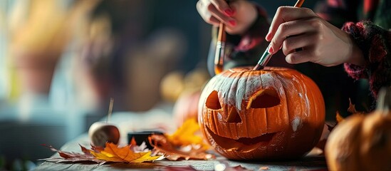 Poster - Woman painting pumpkin for Halloween celebration on light background. Creative Banner. Copyspace image