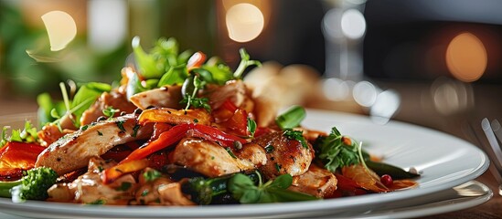 Wall Mural - Roasted whole chicken on a plate with vegetables. Creative Banner. Copyspace image