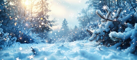 Poster - SNOW AND SNOW FLAKES BACKGROUND LIGHT BLUE CHRISTMAS LANDSCAPE COLD WINTRY BACKDROP FOR DISPLAY OR MONTAGE. Creative Banner. Copyspace image