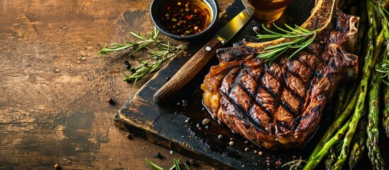 Sticker - Medium rare grilled Tomahawk beef steak with asparagus Flat lay. Creative Banner. Copyspace image