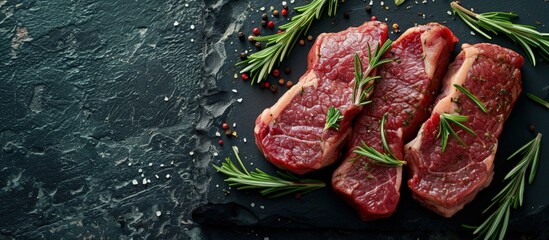 Wall Mural - Pieces of red meat steaks with rosemary served on black stone surface Shot from upper view. Creative Banner. Copyspace image