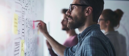 ux developer and ui designer presenting and testing mobile app interface design on whiteboard in meeting at modern office Creative digital development mobile app agency. Creative Banner