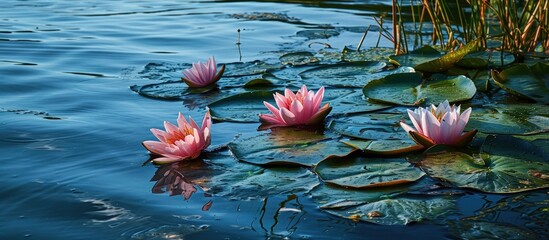 Poster - Water lilies grow on the edge of a freshwater lake in Cape Cod Massachusetts These aquatic plants provide habitat for many species and thrive during the summer in shallow temperate habitats