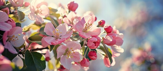 Poster - Pink flowers of blooming Apple tree in spring against blue sky on a Sunny day close up macro in nature outdoors. Creative Banner. Copyspace image