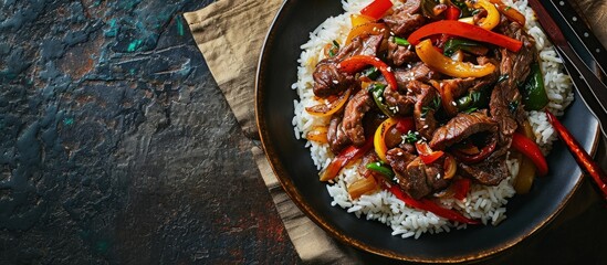 Wall Mural - Stir fry Chinese pepper beef steak with onion red and green bell pepper rice in bowl. Creative Banner. Copyspace image