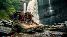 Well-traveled Hiking Boots On A Trail Leading To A Breathtaking Spring Waterfall.