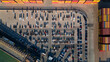 Parking photography. Aerial view of the car parking in a shopping center. Cars online.