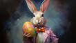 Closeup of acryl painted easter bunny with jacket holding one colored painted easter egg in his hand