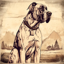 Great Dane Dog, Old Vintage Retro Postcard Style, Close-up Portrait, Cute Pet, Creative Animal Illustration