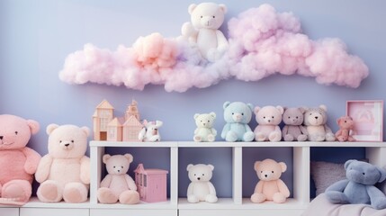 Sticker -  a group of teddy bears sitting on a shelf in a room with pink and blue walls and clouds above them.