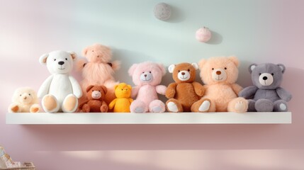 Sticker -  a group of teddy bears sitting on top of a shelf next to a teddy bear on the other side of the shelf.