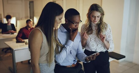 Poster - Collaboration, coworking and business people with tablet at night, strategy for SEO project at digital marketing agency. Ideas, objective and team discussion about goals for web development deadline