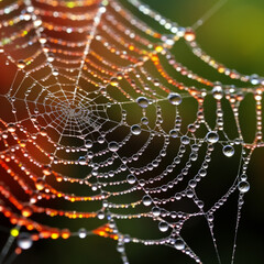  Fotografia con detalle y textura de tela de araña con gotas de rocio y reflejos de luz con colores