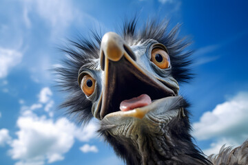 Wall Mural - Close up of head of funny emu bird with open mouth in front of blue sky