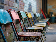 Colorful Collapsible Metal Folding Chairs Are Stacked In Rows In A Storage Room, Leaning Against A Strong Brick Wall