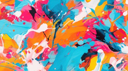 Sticker -  an abstract painting of blue, orange, pink, and yellow paint splattered on a white background with black spots.