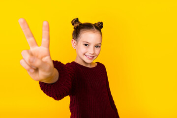 Canvas Print - Portrait of cheerful nice schoolchild toothy smile demonstrate v-sign empty space isolated on yellow color background