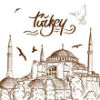 Sketch Drawing of an Aya Sofya, Hagia Sophia Mosque, Istanbul, Turkey. Turkish Tourist Attractions design elements.