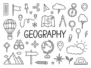 geography doodle set. education and study concept. map, globe, compass in sketch style. hand drawn v