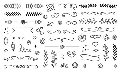 Wall Mural - text dividers doodle set. wedding decorative elements with leaves, swirls, hearts. divider ornament,