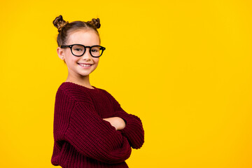 Sticker - Profile portrait of cheerful clever girl crossed arms toothy smile empty space ad isolated on yellow color background