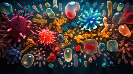 Sticker -  a close up of a bunch of different types of germs on a black background with a blue background.