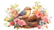  A Painting Of A Bird Sitting On Top Of A Bird Nest Filled With Flowers And A Bird's Nest.