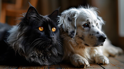 Black cat and white dog lying together on the floor. Banner with pets on black background.