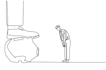 Wall Mural - Single one line drawing businessman nodded in front of the giant foot that stepped on the piggy bank. Ideas. Nod in agreement. The importance of investment. Continuous line design graphic illustration