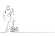 © Simple Line - Single continuous line drawing Arabian businessman stands with thumbs up pose and steps on stack of banknotes with one of foot. Marvelous feeling. Multiple profits. One line design vector illustration