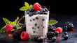 Closeup of berry yogurt smoothie drink with decoration of berries on dark blue background	
