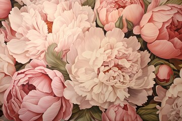  Tender peonies delicately arranged on a blush-toned canvas, forming an intricate floral pattern, ideal for accommodating text.