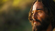 A classic portrait of Jesus with a serene expression, Jesus, blurred background, with copy space